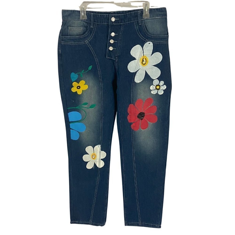 Misslook Women's  Floral Jeans Straight Leg High Rise Button Fly Sz L (34 x 31)